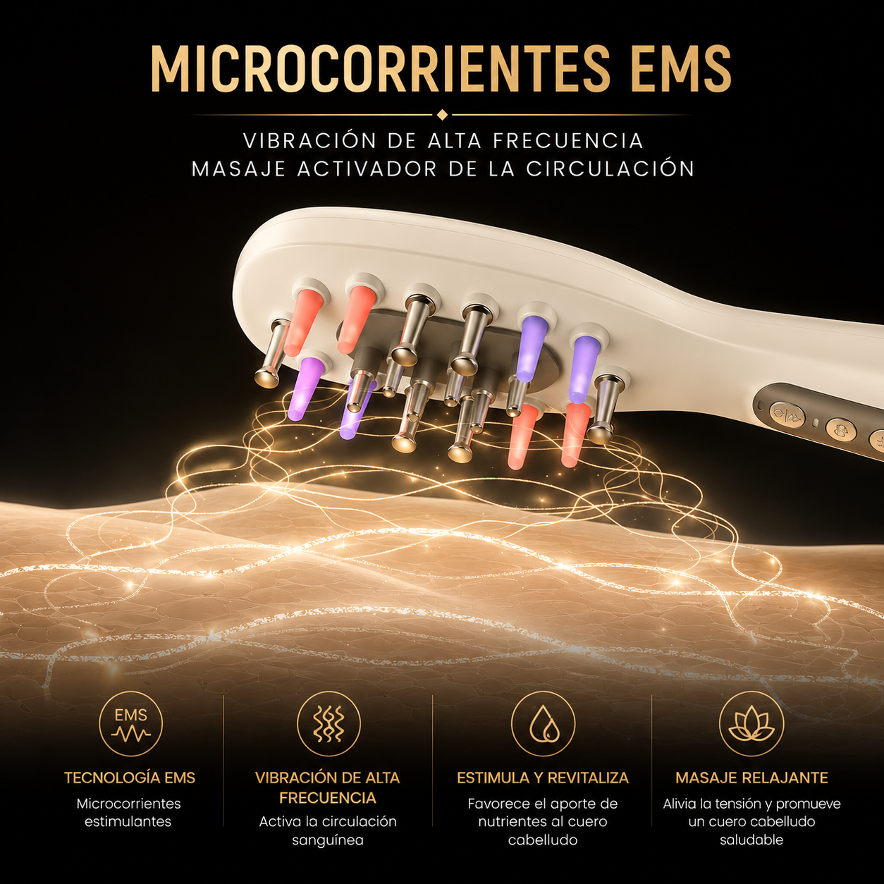 Peine Masajeador Eléctrico EMS con Luz LED Roja y Azul | Vibración, Aplicador de Aceites y Cuidado del Cuero Cabelludo
