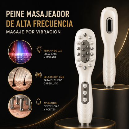 Peine Masajeador Eléctrico EMS con Luz LED Roja y Azul | Vibración, Aplicador de Aceites y Cuidado del Cuero Cabelludo