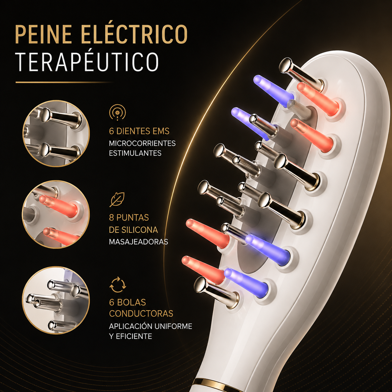 Peine Masajeador Eléctrico EMS con Luz LED Roja y Azul | Vibración, Aplicador de Aceites y Cuidado del Cuero Cabelludo