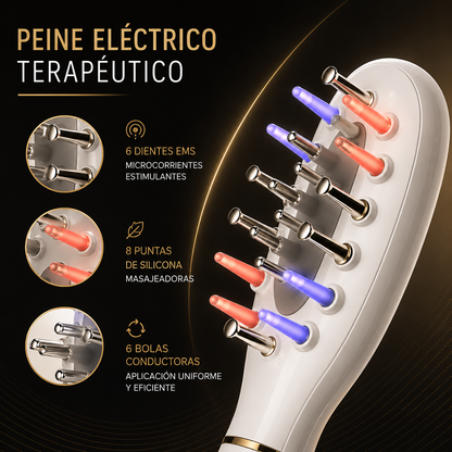 Peine Masajeador Eléctrico EMS con Luz LED Roja y Azul | Vibración, Aplicador de Aceites y Cuidado del Cuero Cabelludo